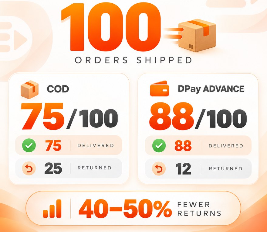 A hundred orders shipped: cash on delivery gets 75 delivered and 25 returned, a DPay advance gets 88 delivered and 12 returned, which is 40 to 50% fewer returns.